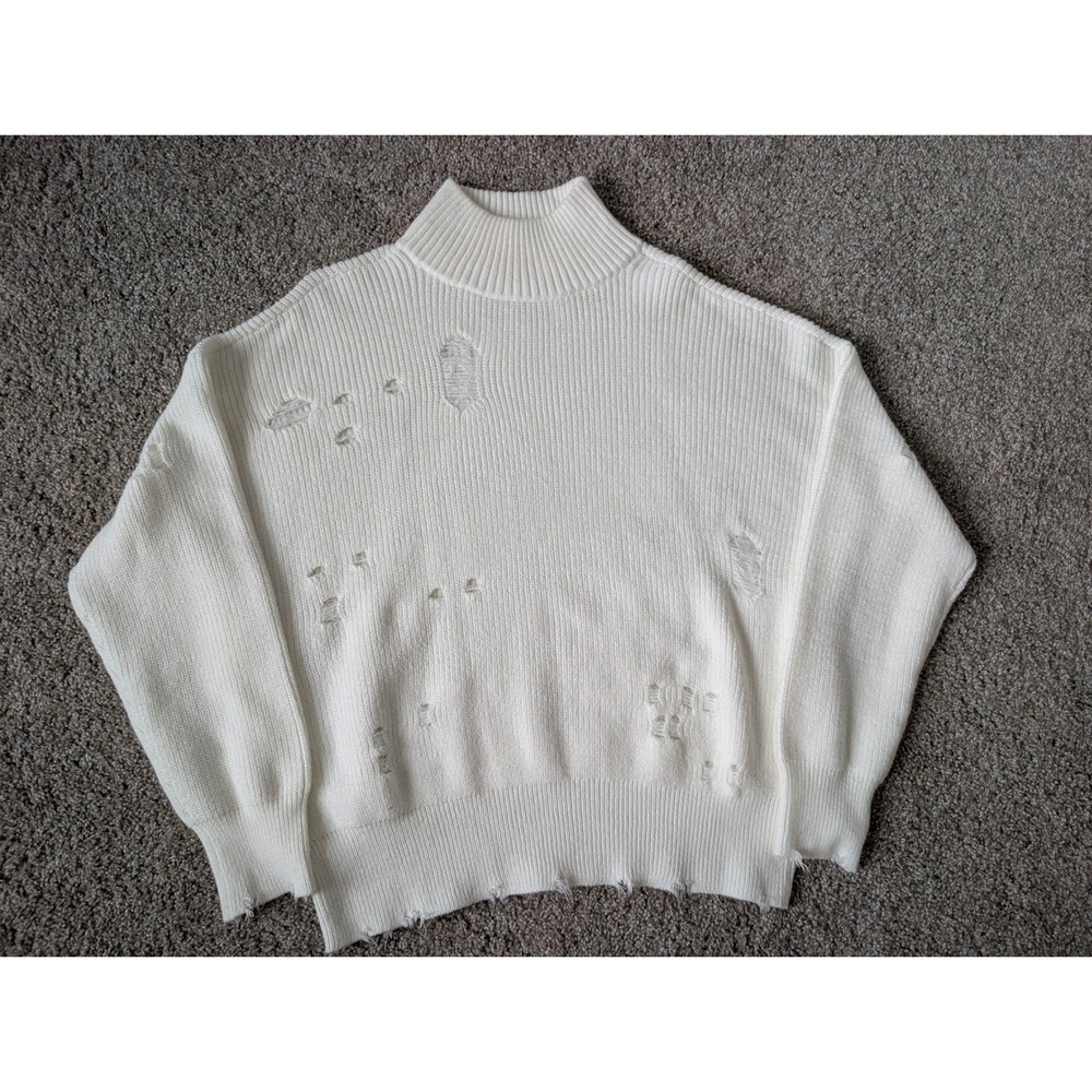 Chelsea DeBoer Lily & Lottie Distressed Mock Neck Sweater White Cream Medium